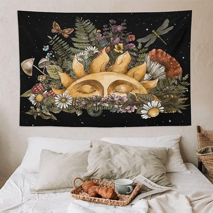 Vintage Sun Tapestry,Boho Hippie Mushroom Starry Floral Forest Plant Tapestries Wall Hanging for Dorm Living Room Bedroom Home Decor(60"x90")