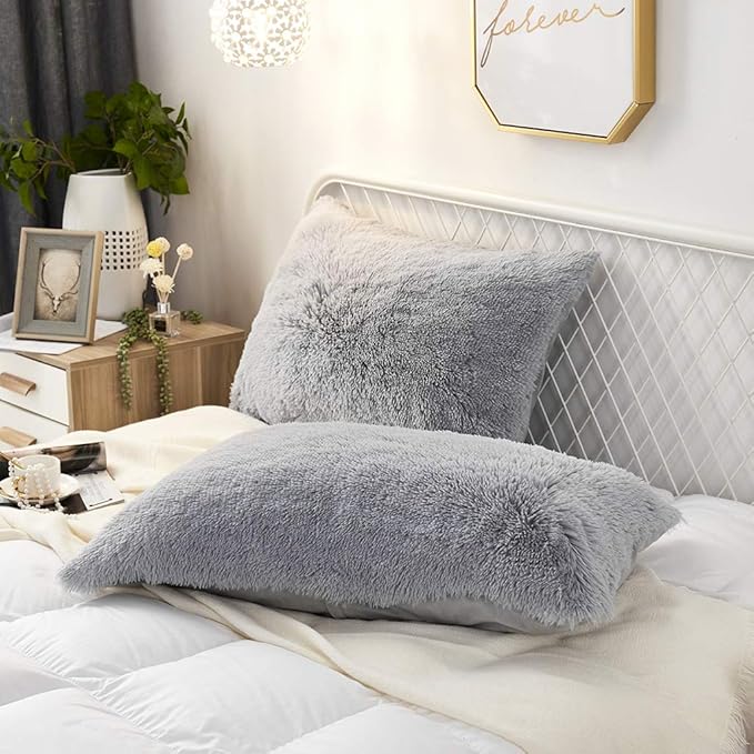 Uhamho Set of 2 Standard Faux Fur Throw Pillow Covers Soft Velvet Decorative Pillowcases Zipper Closure (Light Gray, 20"x26")