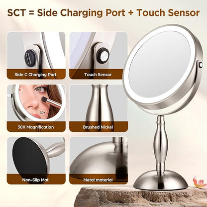 Makeup Mirror with Light, 30x Magnifying Mirror with 3 Lights Colors, 5000mAh Vanity Mirror Brushed Nickel - 360° Rotation, Brightness Adjustable Magnification, Modern Style Side Touch + Side Charge