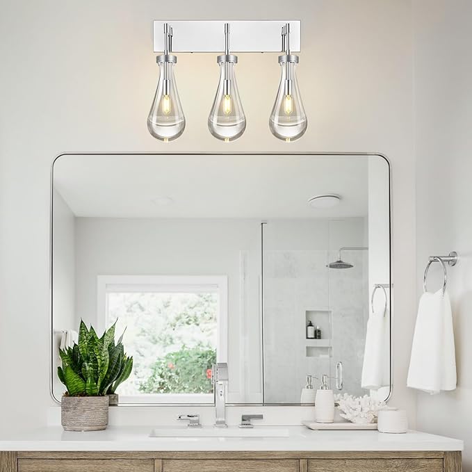 Raindrop Wall Sconces Chrome Crystal Sconces Wall Decor Modern Lighting Glass Bathroom Sconces Indoor Vanity Light Wall Lamp for Bedroom Living Room Stair(3-Light)