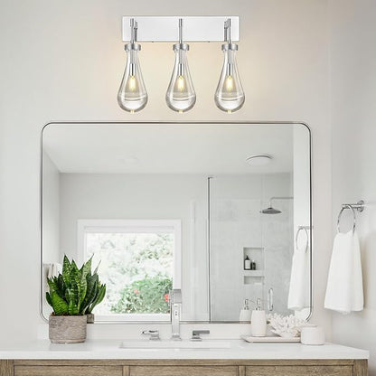 Raindrop Wall Sconces Chrome Crystal Sconces Wall Decor Modern Lighting Glass Bathroom Sconces Indoor Vanity Light Wall Lamp for Bedroom Living Room Stair(3-Light)