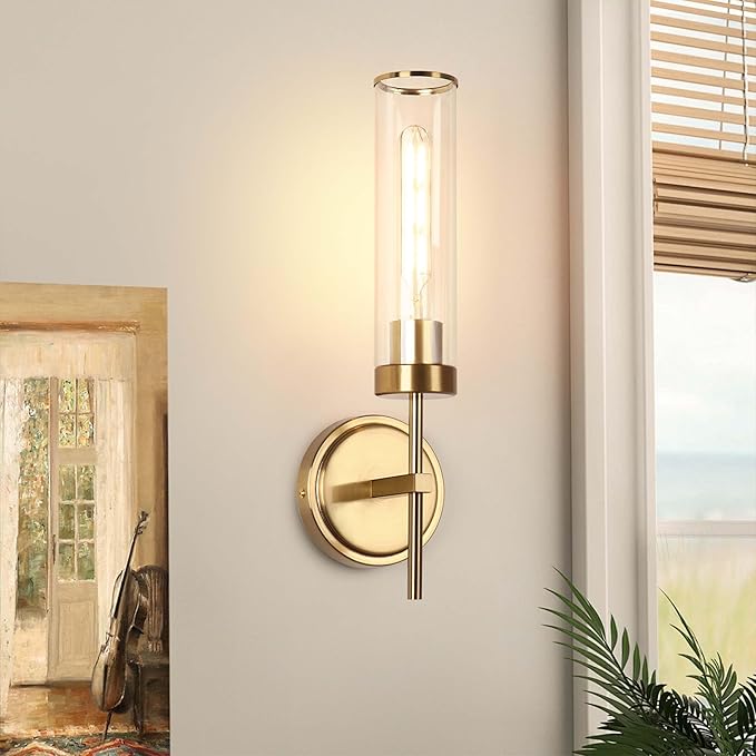 Wall Sconces Set of Two,Modern Bathroom Sconces Wall Lighting 16" 60W Brushed Gold Sconces Wall with Clear Glass Shade for Living Room Corridor Mirror Bedroom Stairs