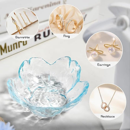 Cherry Blossom Glass Ring Holder Dish, Decorative Jewelry Trinket Rings Earrings Keys Storage Organizer Tray(Sky Blue)