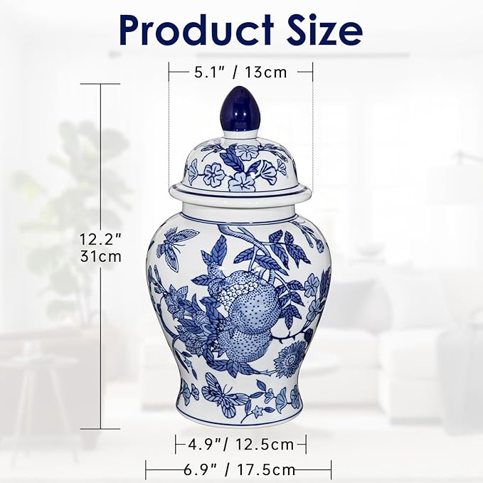 Blue and White Vase Ginger Jar - 12" Chinoiserie Decor Large Ginger Jar Blue & White Porcelain Flower Ceramic Covered Jars with Lid Chinoiserie Decorative Vase for Home Room Office Centerpieces