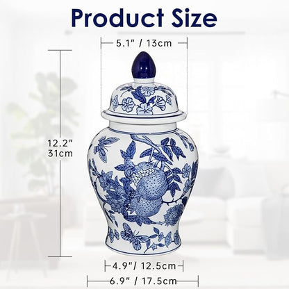 Blue and White Vase Ginger Jar - 12" Chinoiserie Decor Large Ginger Jar Blue & White Porcelain Flower Ceramic Covered Jars with Lid Chinoiserie Decorative Vase for Home Room Office Centerpieces
