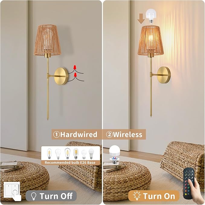 Battery Operated Wall sconces Set of Two,Rattan Shade Gold with Remote Rechargeable Light Bulbs,dimmable RGB,Living Room,Bedroom,Hallway,Bathroom can be Used