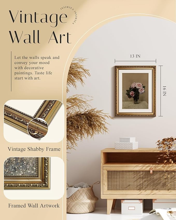 InSimSea Gold Framed Canvas Wall Art Room Decor Vintage Floral Bathroom Wall Decor Rustic Natural Botanical Oil Printing Prints Artwork for Living Room Bedroom Farmhouse 16×13in