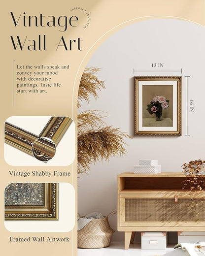 InSimSea Gold Framed Canvas Wall Art Room Decor Vintage Floral Bathroom Wall Decor Rustic Natural Botanical Oil Printing Prints Artwork for Living Room Bedroom Farmhouse 16×13in