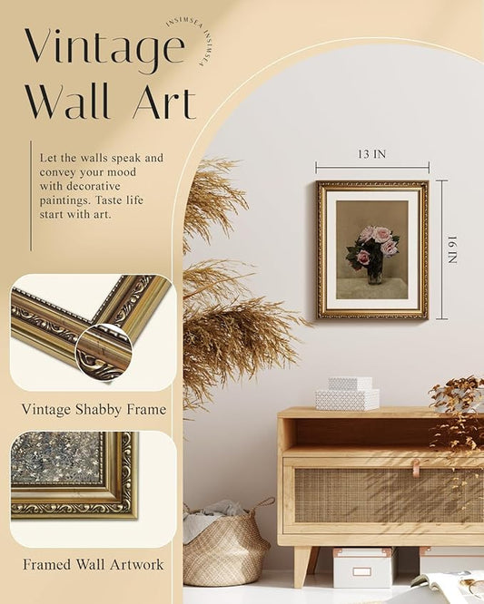 InSimSea Gold Framed Canvas Wall Art Room Decor Vintage Floral Bathroom Wall Decor Rustic Natural Botanical Oil Printing Prints Artwork for Living Room Bedroom Farmhouse 16×13in