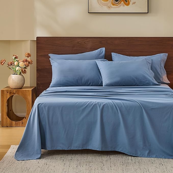 MEISHANG 100% French Pure Linen Sheets King Size - Bed Sheets 4 Piece Sets, Soft Durable Flax Linen, Anti-Tear Breathable Oeko-Tex Certified with 16" Deep Pocket (Dusty Blue)