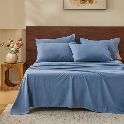 MEISHANG 100% French Pure Linen Sheets California King - Bed Sheets 4 Piece Sets, Soft Durable Flax Linen, Anti-Tear Breathable Oeko-Tex Certified with 16" Deep Pocket (Dusty Blue)