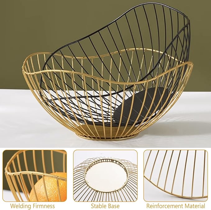 2-Pack Kitchen Countertop Fruit Baskets – Sturdy Metal Wire Rack, Multi-Purpose Tabletop Storage Tray for Fruits, Vegetables, Bread, and Household Items (Gold)