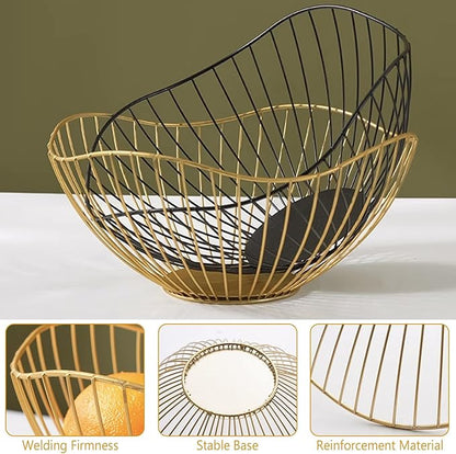 2-Pack Kitchen Countertop Fruit Baskets – Sturdy Metal Wire Rack, Multi-Purpose Tabletop Storage Tray for Fruits, Vegetables, Bread, and Household Items (Gold)