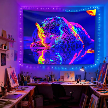 seewan Black Light Leopard Tapestry, UV-Reactive Purple Jaguar Water Reflection Wall Hanging, Psychedelic Wildlife Art Wall Decoration for Bedroom, Dorm, or Living Room