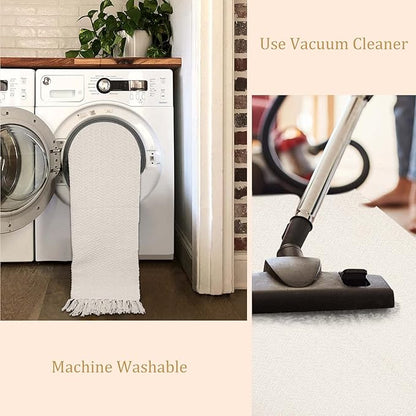 Lahome Boho Bathroom Rugs, Small 2x3 Door Mat Indoor Lightweight Entryway Rug Washable Cotton Area Rug with Tassels, Farmhouse Non Shedding Beige Throw Rug Low Pile Carpet for Kitchen Laundry