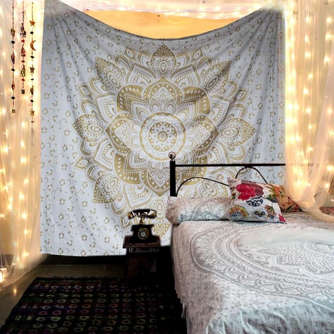 raajsee Metallic Gold Tapestry Mandala Wall Hangings, Indian Cotton Beach Throw Blanket, Hippie Tapestries Boho Decor,Twin Bedspread Yoga Meditation Mat Rugs 52 x 60 Inches