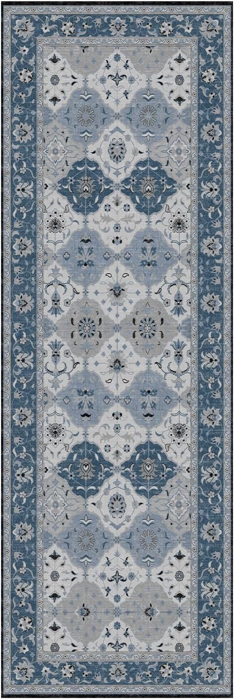 Lessymo Washable Hallway Runner Rug 2x6, Moroccan Faux Wool Runner Rugs Non Slip for Kitchen Entryway Laundry Room Bedroom, Low Pile Multicolor Oriental Rug, Kid & Pet Friendly, Muted Blue and Gray