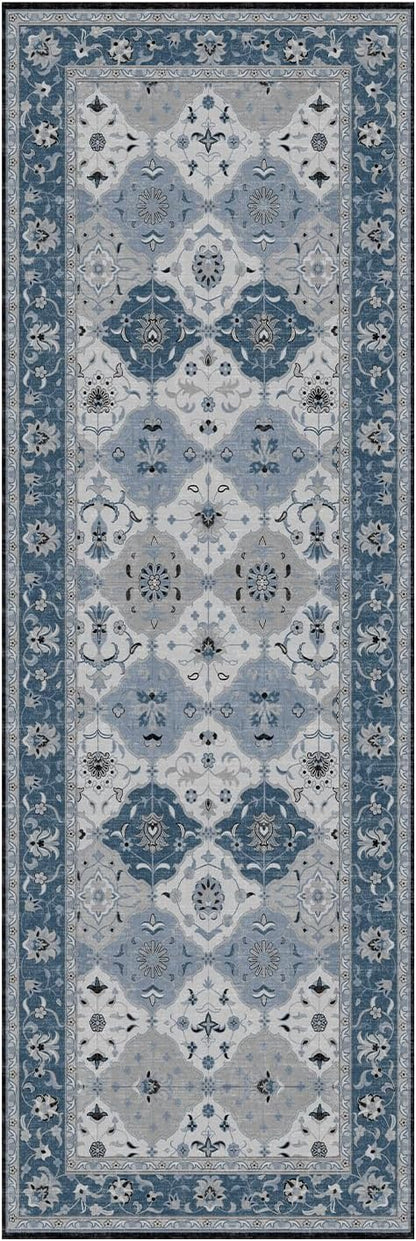 Lessymo Washable Hallway Runner Rug 2x6, Moroccan Faux Wool Runner Rugs Non Slip for Kitchen Entryway Laundry Room Bedroom, Low Pile Multicolor Oriental Rug, Kid & Pet Friendly, Muted Blue and Gray