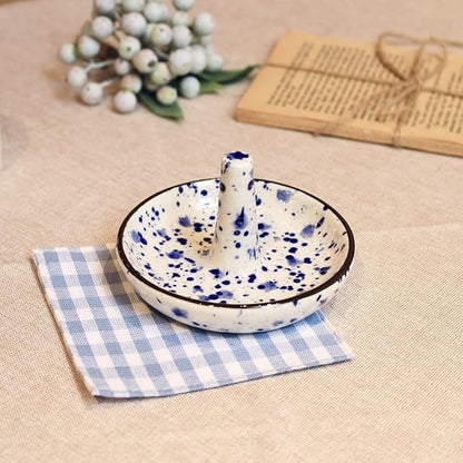 Wedding Ring Holder - Ceramic Ring Stand With Jewelry Plate, Blue Dots Jewelry Holder for Rings, Earrings, Necklace Organizer - Gift for Mom, Bridesmaid, Engagement