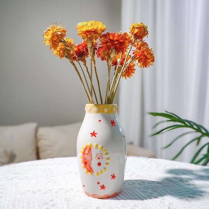 Cute Boho Small Cream Ceramic Bud Vase, Sun and Moon Round Decorative Vase for Dried Flowers/Single Rose/Pampas Grass, Modern Table Vase for Entryway Dining Coffee Table, Unique Home Gift