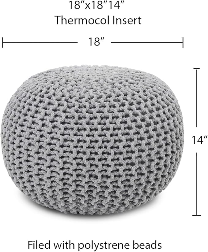 REDEARTH · Round Pouf Ottoman - Hand Knitted Cable Boho Poof Home Décor Pouffe Circular Footrest for Living Room - Nursery - Bedroom - Lounge 100% Cotton (18”x18”x14”) - Gray, Set of 2