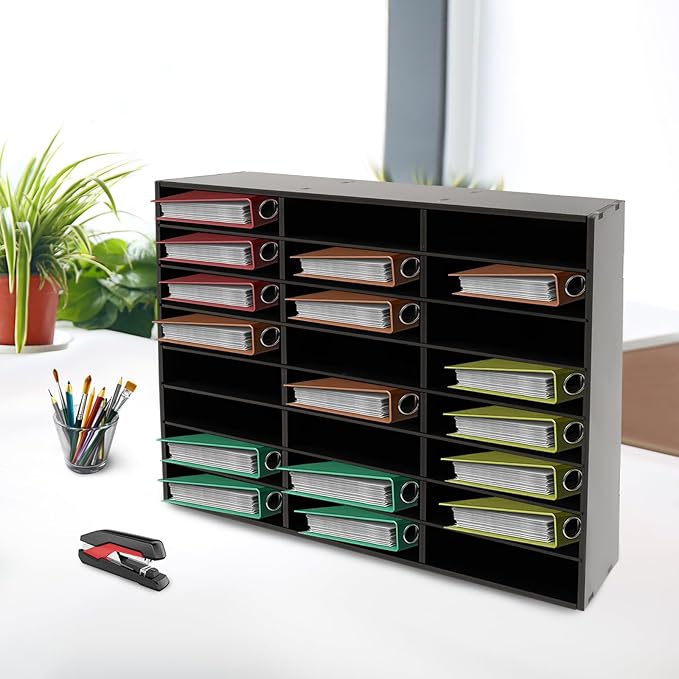Literature Organizers, 24 Compartments Office Mailbox with Adjustable Shelves, PVC Mail File Sorter Cubbies, Countertop File Organizers for Classroom, Office, Home, Documents (Black)