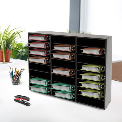 Literature Organizers, 24 Compartments Office Mailbox with Adjustable Shelves, PVC Mail File Sorter Cubbies, Countertop File Organizers for Classroom, Office, Home, Documents (Black)