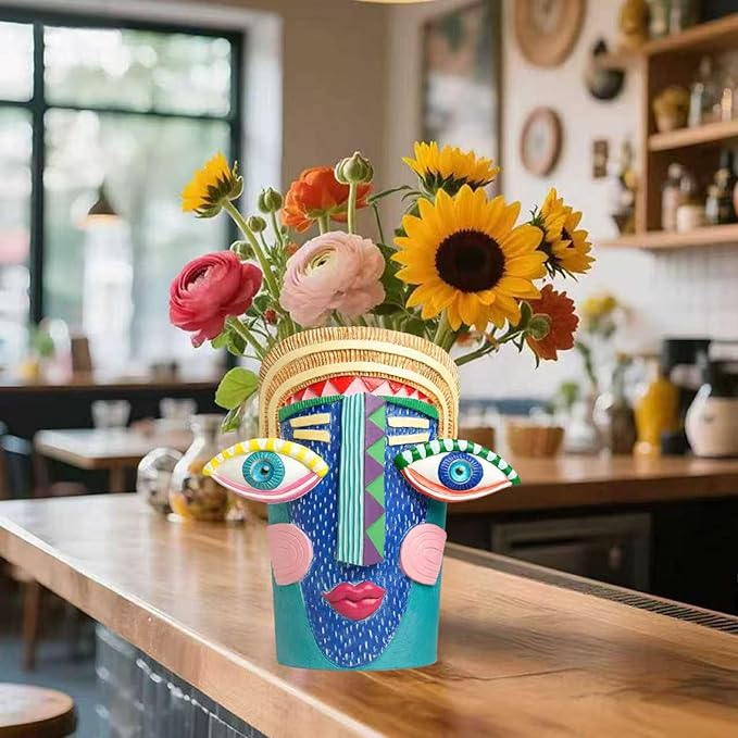 Picasso Abstract Face Planter Pots Colorful Funky Flower Pots Unique Head Planter with Drainage Handcrafted Resin Vases for Indoor ＆ Outdoor Plants Home Decor