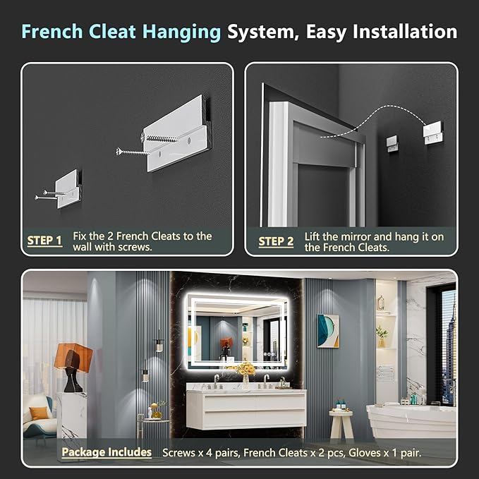 48x36 LED Bathroom Mirror with Lights, Backlit & Front Lit, Anti-Fog Frameless Lighted Vanity Mirrors for Bathroom Wall, Dimmable, 3-Color Light, Memory, Shatter-Proof, Tempered Glass, CRI＞90