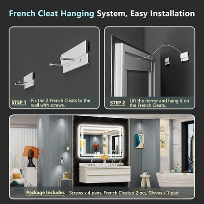 48x36 LED Bathroom Mirror with Lights, Backlit & Front Lit, Anti-Fog Frameless Lighted Vanity Mirrors for Bathroom Wall, Dimmable, 3-Color Light, Memory, Shatter-Proof, Tempered Glass, CRI＞90
