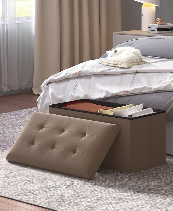 Folding Storage Ottoman Bench, Multi-Functional Ottoman Foot Rest, End of Bed Bench, Storage Chest for Living Room, Bedroom, Hallway, Entryway, Holds Up to 600 lbs (Brown, 30 Inches)