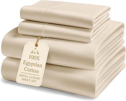 100% Egyptian Cotton Queen Size Bed Sheet set - 1000 Thread Count Sheets, Ultra-Soft Hotel Luxury Comfort with 15" Deep Pocket, Naturally Breathable & Durable Winter Queen Bed Sheets Set - Ivory