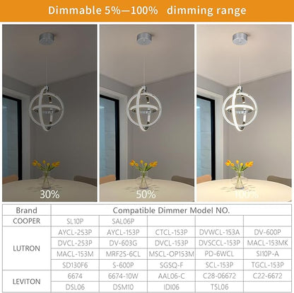 Modern LED Pendant Light Chrome Pendant Lights 4000K Dimmable External Glow Height Adjustable Pendant Lighting for Kitchen Island Dining Room Bedroom Living Room Foyer（3-Ring）