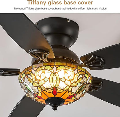 Tiffany Ceiling Fans with Lights - 48" Ceiling Fan Chandelier with 5 Dual-Blades and Glass Shade, 6 Speeds and Reversible, Indoor and Outdoor, Retro Style