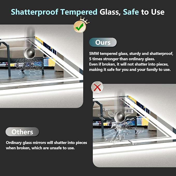 40x36 LED Bathroom Mirror with Lights, Backlit & Front Lit, Anti-Fog Lighted Vanity Mirror for Bathroom Wall, 3 Colors, Dimmable, Memory, Shatter-Proof, HD Tempered Glass, Horizontal/Vertical