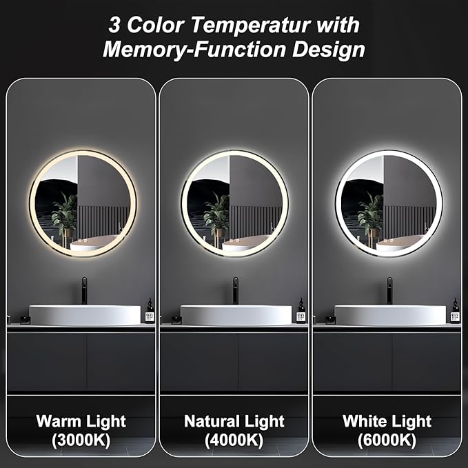 Sweetcrispy 24 Inch Round LED Bathroom Mirror with Lights, Circle Vanity Mirror with Anti-Fog, Dimmable, 3-Color Light, Memory Function, Tempered Glass