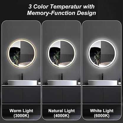 Sweetcrispy 24 Inch Round LED Bathroom Mirror with Lights, Circle Vanity Mirror with Anti-Fog, Dimmable, 3-Color Light, Memory Function, Tempered Glass
