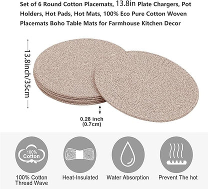 6Pcs Round Cotton Woven Placemats, 13.8'' Mix Brown Woven Vintage Place Mats, Woven Plate Chargers Wicker Tablemats Farmhouse Boho Braided Heat Resistant Outdoor Placemat Patio Table Mats