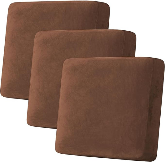 H.VERSAILTEX Velvet Stretch Couch Cushion Cover Plush Cushion Slipcover for Chair Loveseat Sofa Cushion Furniture Protector Seat Cushion Sofa Cover (3 Piece XL Sofa Cushion Covers, Caramel)