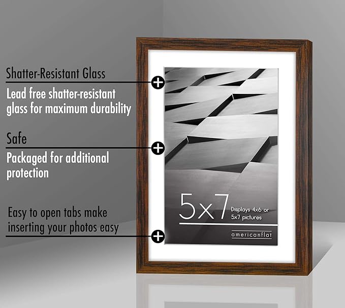 Americanflat 5x7 Picture Frame with Shatter-Resistant Glass - Use as 4x6 Frame with Mat or Display 5x7 Photo Without Mat - Streamline Collection - Picture Frames for Tabletop and Wall - Walnut