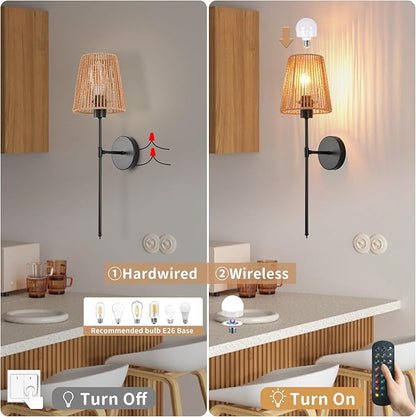 Battery Operated Wall Sconces Set of two, Black Rattan Shade Wireless Wall Lights with Remote Rechargeable Bulbs, 15 Colors and Dimmable, Cordless Battery Powered Wall Lamp for Living Room Bedroom