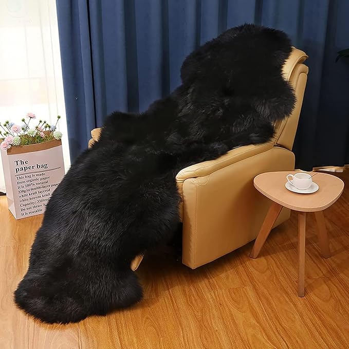 WL&ALLEN Large Sheepskin Rug Genuine Thick and Lush 3 Inch Pile，Luxury Australian Pelts |Large Sheepskin Wool Area Rugs (Double Pelt 2'6" x 6'6",Black)