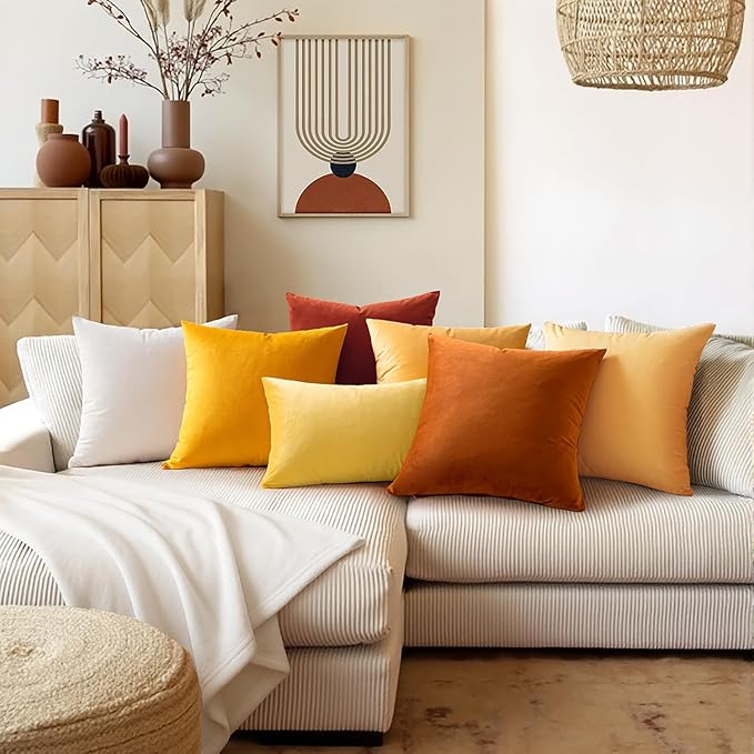 MIULEE Velvet Throw Pillow Covers 12x12 Inch, Pack of 2 - Orange, Soft Solid Small Decorative Pillow Covers Modern Luxury Home Decor for Couch Chair Sofa Bedroom Livingroom Car