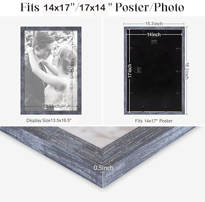 14x17 Frame Rustic Blue, 17x14 Picture Poster Frame, Horizontal Vertical Hanging, 14 by 17 Wall Gallery Family Concert Portrait Photo Frame Anniversary/Birthday/Wedding/Thank you/Christmas Gift