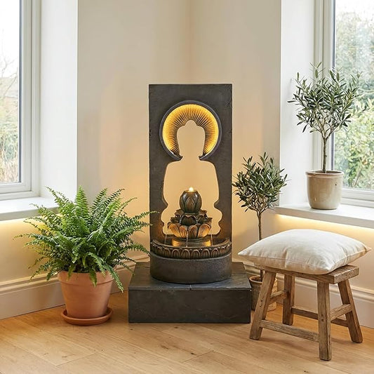 35.43" Zen Buddha Outdoor Fountain with Hollow Center — Zen Fountain Waterfall Feature for Garden, Patio & Yard — Soothing Sound, Warm LED Lights, Durable Weather-Resistant Decor