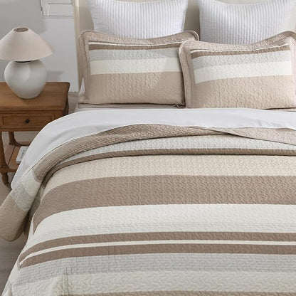 SahSahCasa 120"x120" 100% Cotton Oversized California King Bedspread Coverlet Striped Quilt Set, Cal King Quilted Bedspread Extra Large Quilt, XL Bed Spread Lightweight Comforter, Brown/Camel/Cream