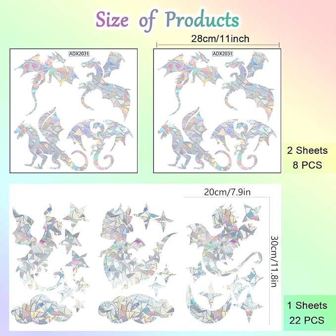 31 Pieces Fly Dragon Sun Catcher Window Clings for Glass Windows, Anti-Collision Stickers Star Moon Decals Prevent Bird Strikes, Rainbow Prismatic Clings Non Adhesive Window Deco