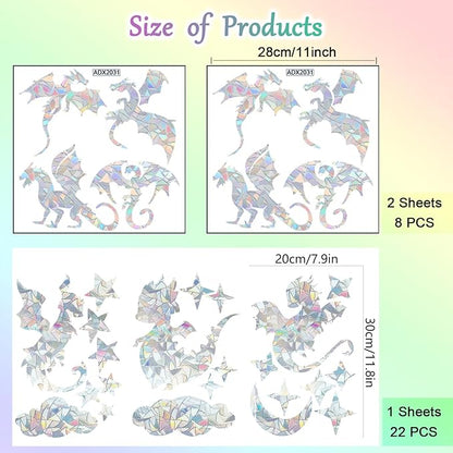 31 Pieces Fly Dragon Sun Catcher Window Clings for Glass Windows, Anti-Collision Stickers Star Moon Decals Prevent Bird Strikes, Rainbow Prismatic Clings Non Adhesive Window Deco