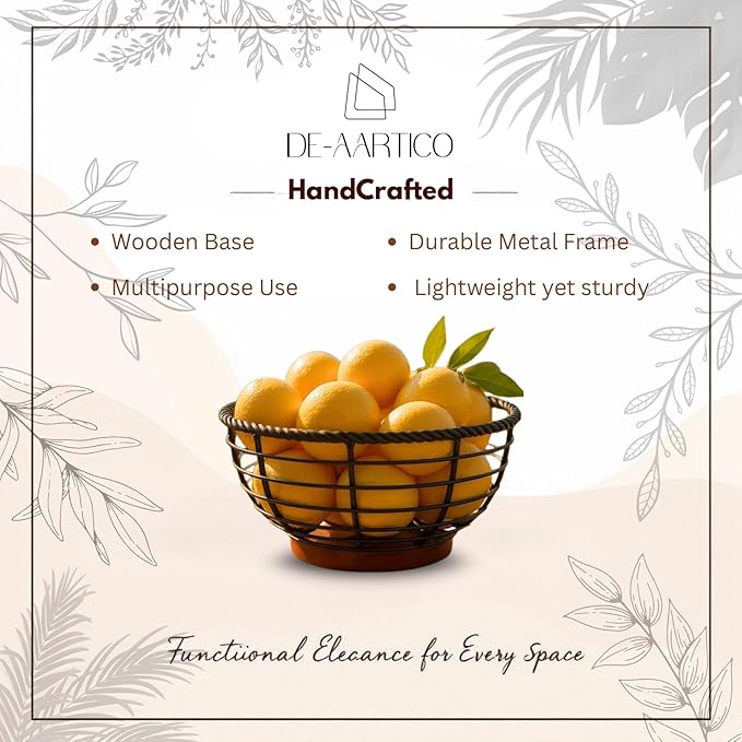 Wood and Iron Fruit Bowls Dishwasher Safe Basket Gift for Home Kitchen, Medium, Natural - 12"x12"x 5" INCHES