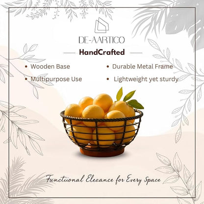Wood and Iron Fruit Bowls Dishwasher Safe Basket Gift for Home Kitchen, Medium, Natural - 12"x12"x 5" INCHES